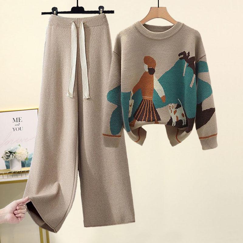 Plus-Size Women's Fashionable Knitted Sweater and Casual Pants Two-Piece Set for Autumn and Winter