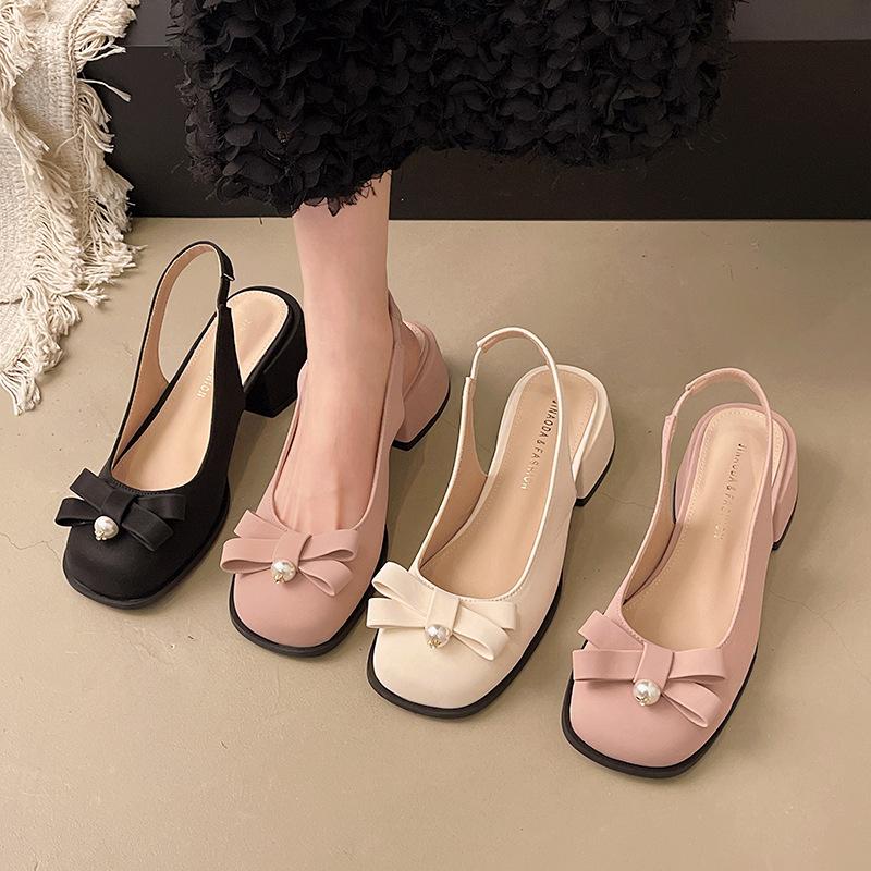 Fashion 2025 Beige Heeled Sandals Women's Female Shoe Square Toe Black New Open Block Girls Bow Comfort Summer Low Closed Casual Sandal