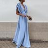 Women Evening Dress Low-cut V Neck Flying Sleeves Layered Ruffled Pleated High Waist Solid Color Floor Length Prom Cocktail Party Maxi Dress