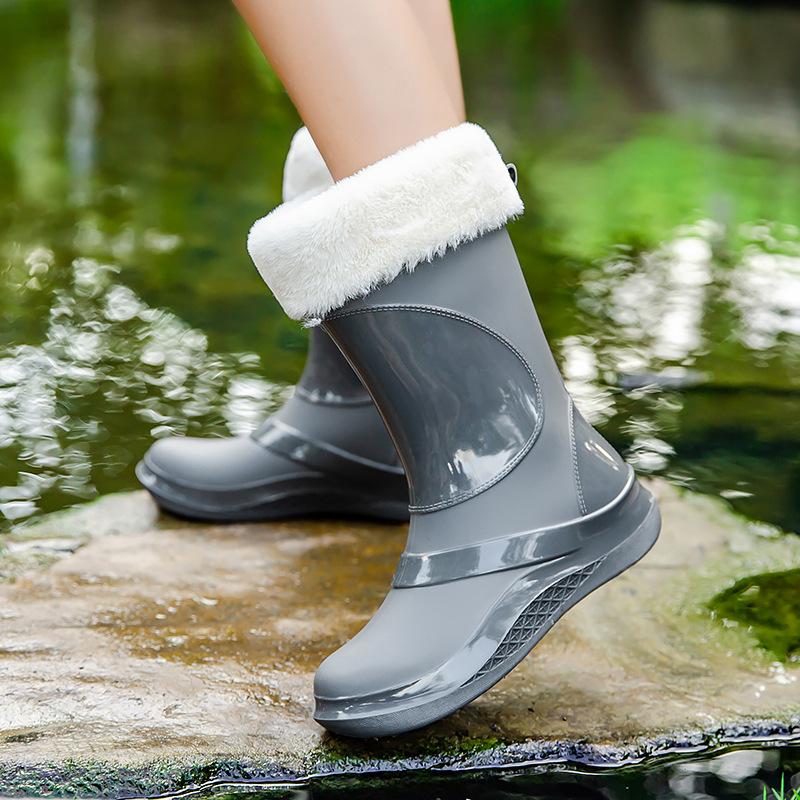 Модные женские модные сапоги средней длины, резиновые, водонепроницаемые, нескользящие, резиновые сапоги, для работы на открытом воздухе, хлопковые, водонепроницаемые, кухонные сапоги