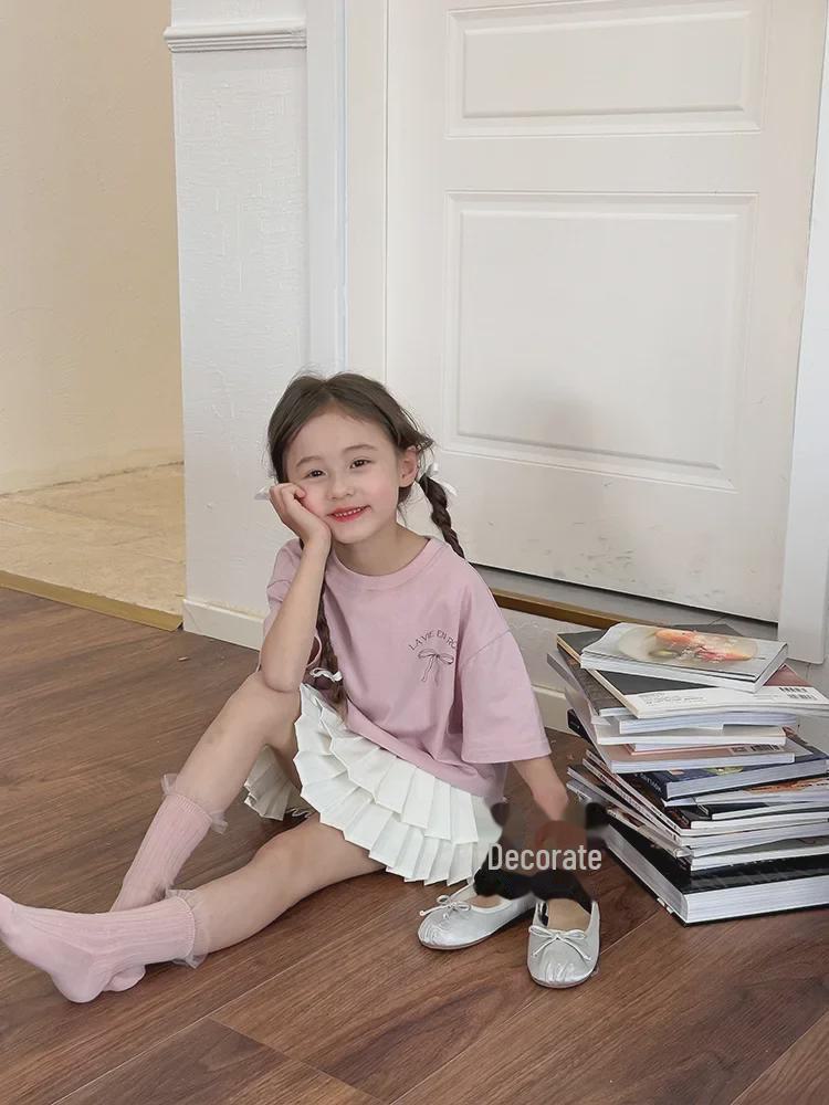 Свободное платье-футболка в корейском стиле для девочек с бантом сзади - летняя одежда с короткими рукавами, средний размер