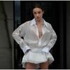 Pleated See Through Women Dress Patchwork Lapel Single-Breasted Long Sleeve Shirt Dresses Female Streetwear Mini Bodycon Vestido