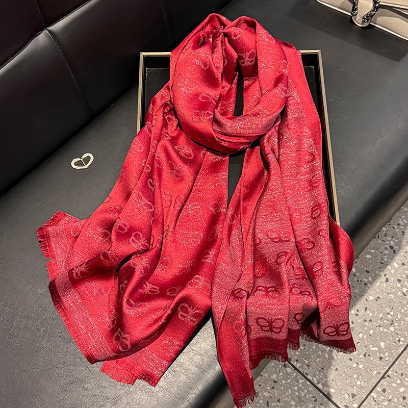 New Imitation Silk Fashionable Elegant High-end Long Silk Scarf Short Beard Shawl Long Scarf Tensile Cotton Gold Silk Scarf