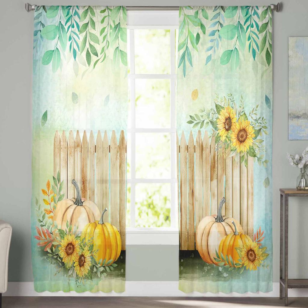 Thanksgiving Plant Fence Sunflower Pumpkin Sheer Curtains for Kids Bedroom Living Room Voile Window Curtains Tulle Drapes