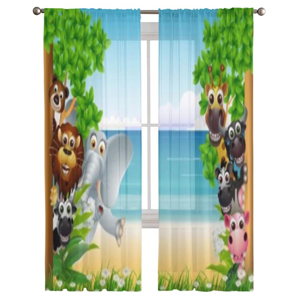 Animal Cartoon with Tropical Beach Tulle Curtains for Living Room Bedroom Window Sheer Curtains Kitchen Balcony Voile Curtains