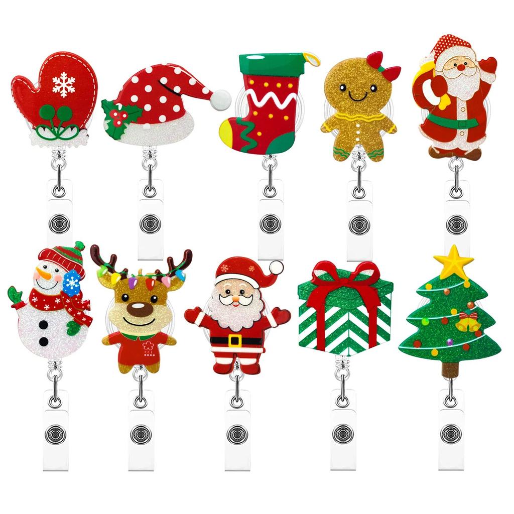 Christmas Badge Reel Retractable Nurse Doctor Santa Claus Trees Snowman Badge Reels ID Tag Clips for Name Pass Card Holder