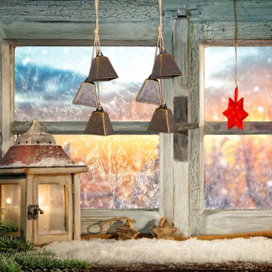 Christmas Bell Pendant Rustic Metal Hanging Decorative Bell with Jute Rope Vintage Wind Chimes Wall Hanging for Home Decor