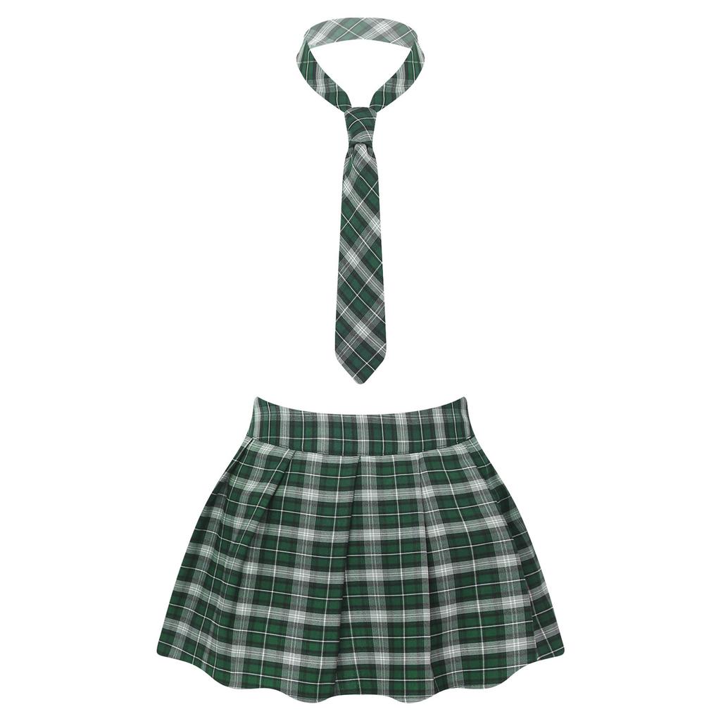 Women Plaid Pleated Mini Skirt with Attached Necktie School Uniform Style Zipper Closure Fancy Dress Costume