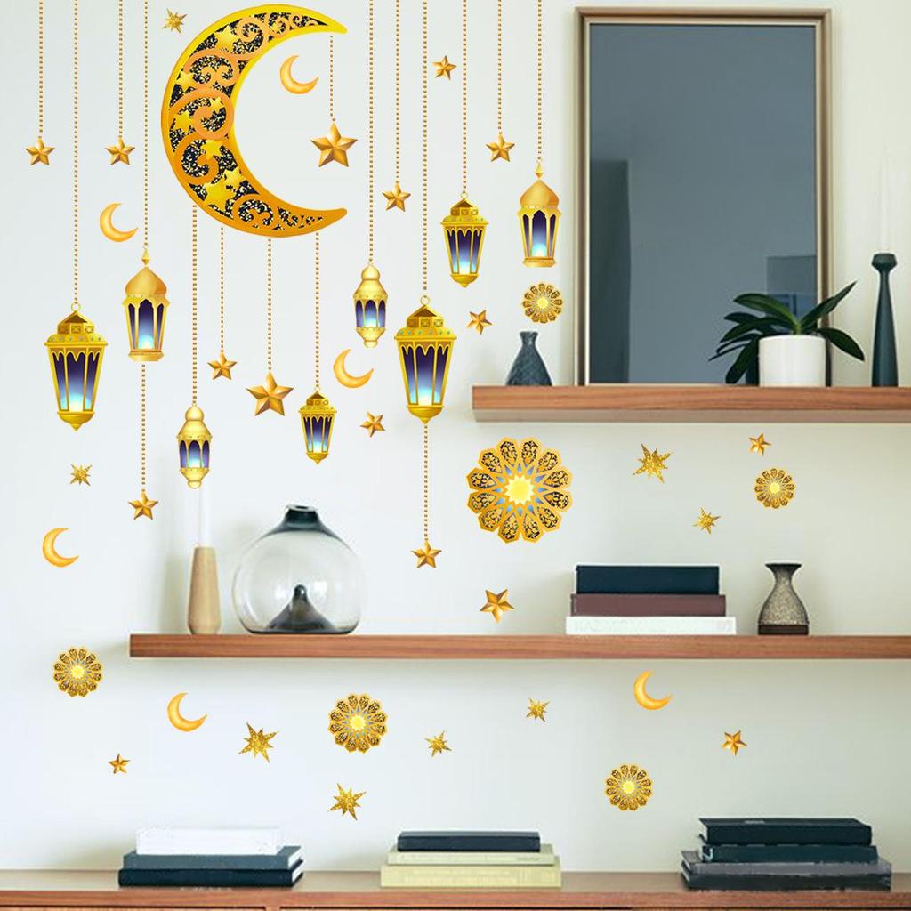 Ramadan Wall Stickers Moon Star Lantern Ornaments Wall Decals Ramadan Decoration For Home 2023 Islamic Muslim Mural Eid Mubarak
