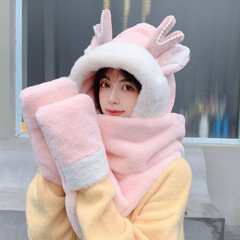 Winter Women's Warm Hat Three-piece Set Hat Scarf Gloves In One Set with Cute Cartoon Antlers, Perfect for Christmas Gift
