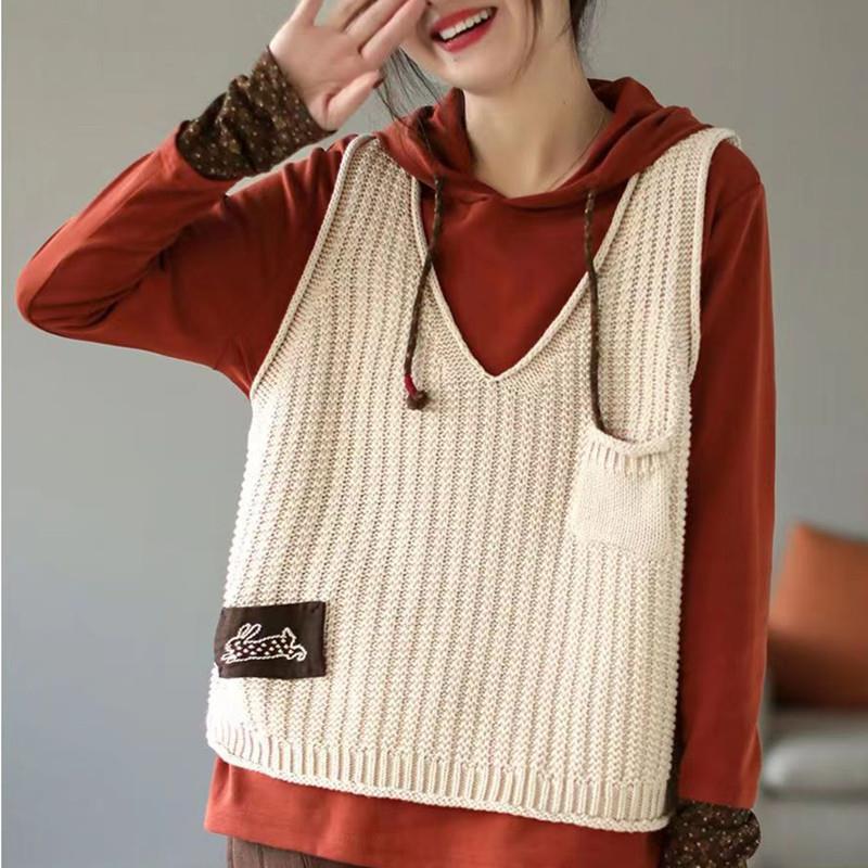 Винтажная мода V-образный вырез однотонный свитер жилет женский свободный повседневный универсальный пэчворк вязаный джемпер весенняя женская одежда