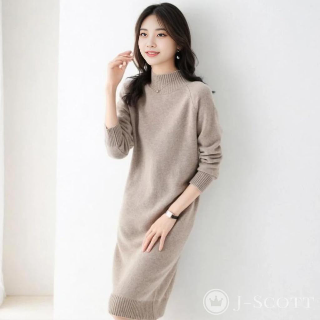 J-Scott Women's Knit Dress, Knee-Length, Long Sleeves, Solid Color, Mock Neck, Ribbed I-Line, Simple, Soft, Beige, JS22-BG-S