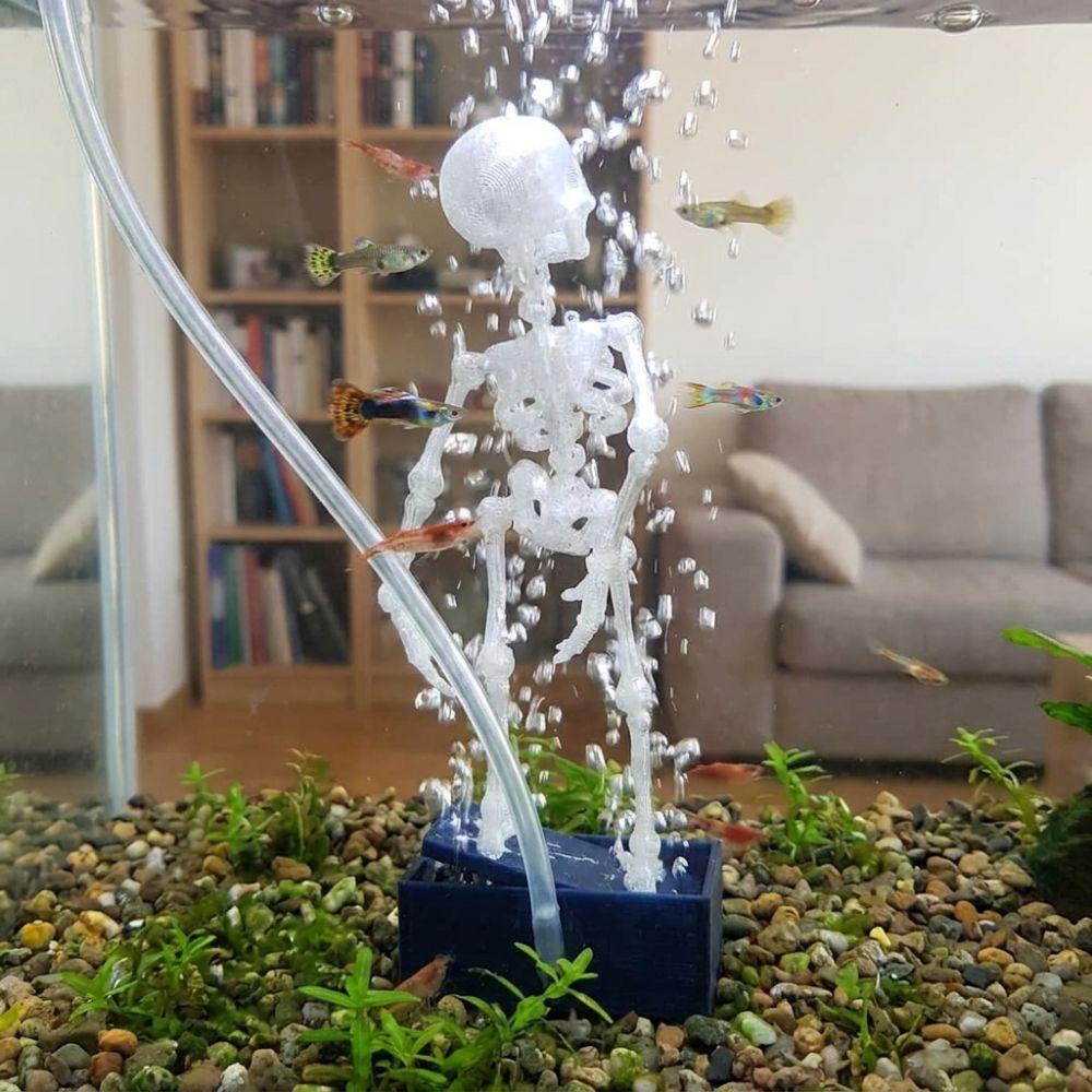 Air Driven Fish Tank Dance Skull Ornament 3D Printed Movable Oxygen Skeleton Aquarium Tank