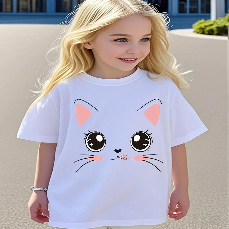 New Girls Shortsleeved Childrens Tshirt Cute Cat Print All Matching Childrens Summer Top Fashion Kids Clothes polyester