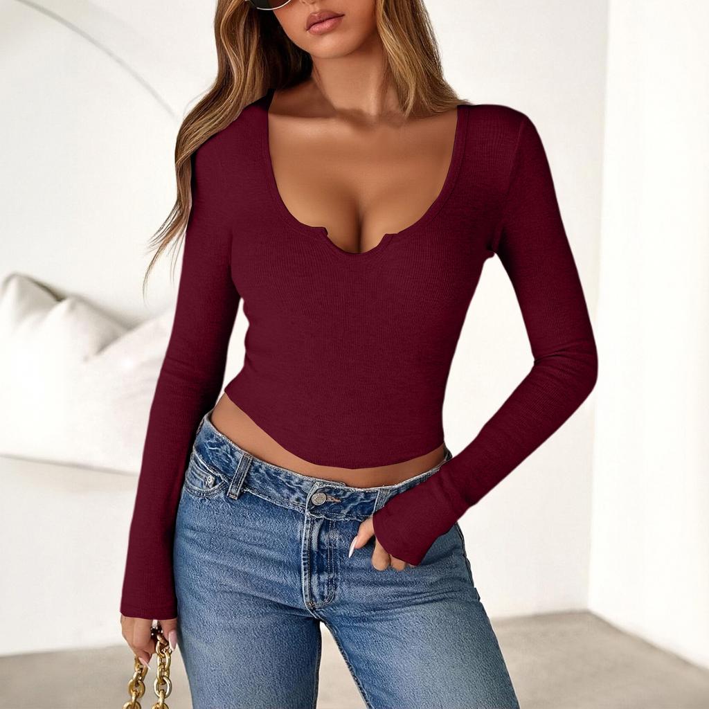 Женский дизайн с V-образным вырезом, приталенный крой, однотонный, модный и удобный топ, длинные рукава