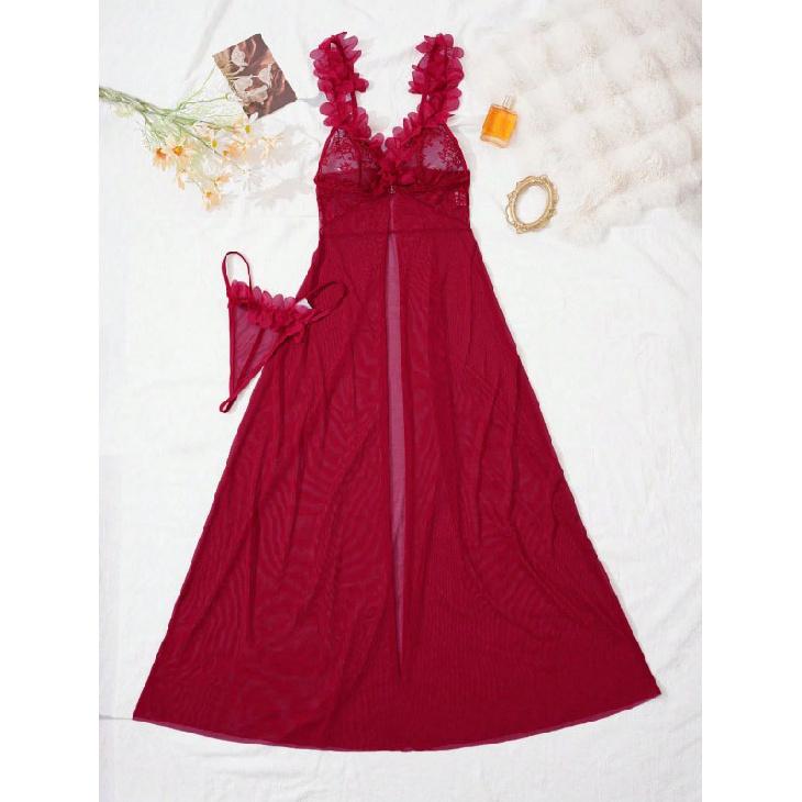 Women's Seduction Night 3D Floral Lace Lingerie Dress Nightgown Set + Thong Intimate Apparel Bedroom Attire Sleepwear ComboGood product