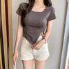 Irregular Square Collar Short Sleeve T-shirt Slim Fit Slimming Sweet and Spicy Style Drawstring Short Top Summer