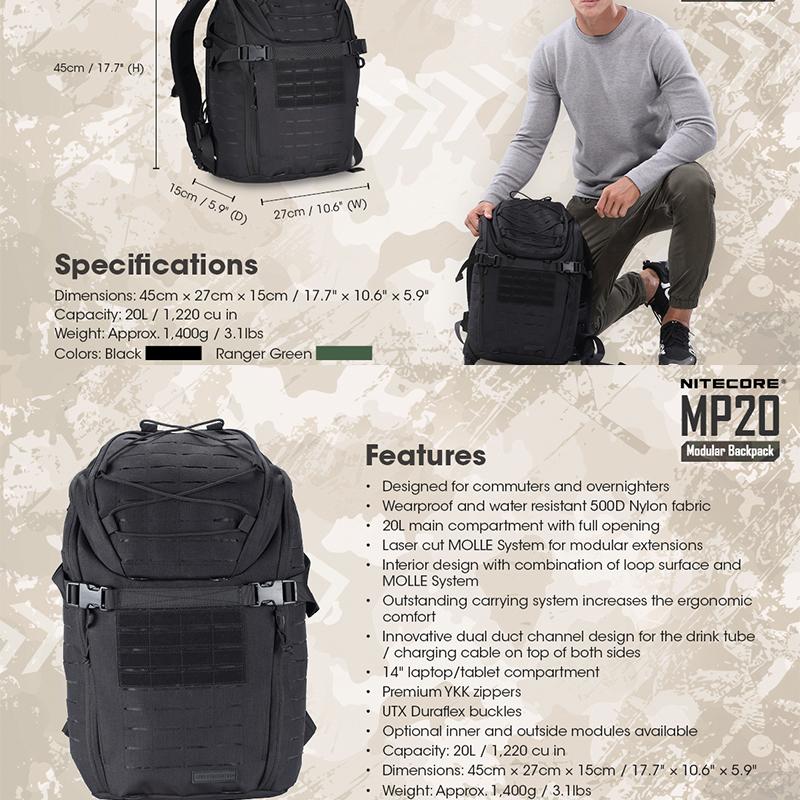 NITECORE Модульный расширяемый рюкзак MP20 емкостью 20 л, водонепроницаемый, дышащий нейлон 500D, S-образные плечевые ремни