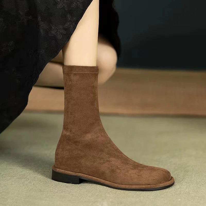 Suede Women's Slim Ankle Boots Fashionable Slip-On Women's Elegant Flat Heel Short Boots Casual Street Style Women's Boots