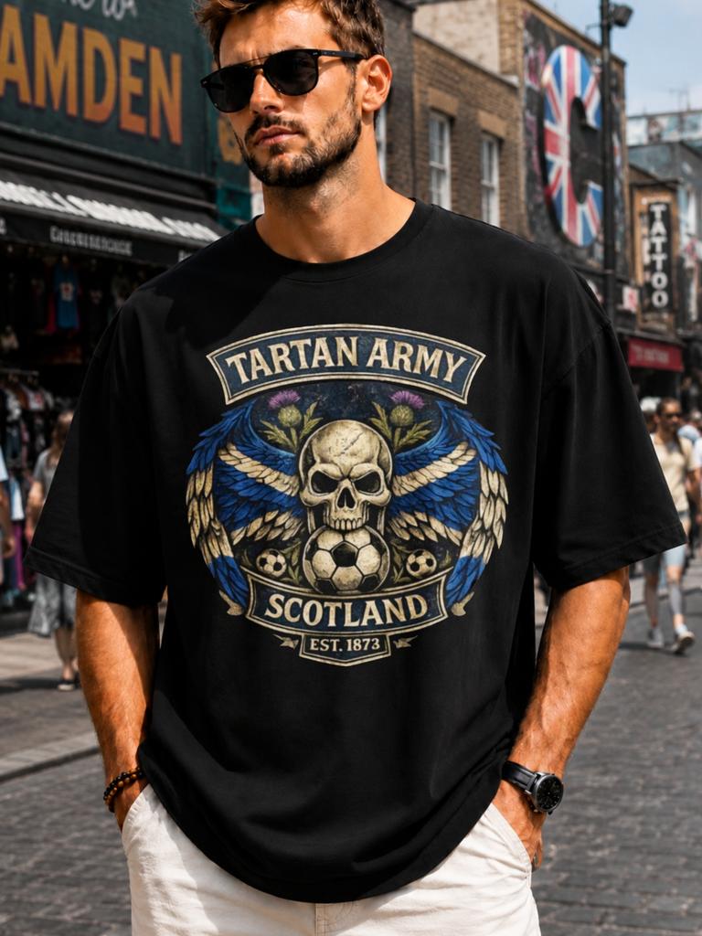 1PC Casual Men'S T-Shirt Tartan Army Scotland Football Skull Design Streetwear Gift for Him L