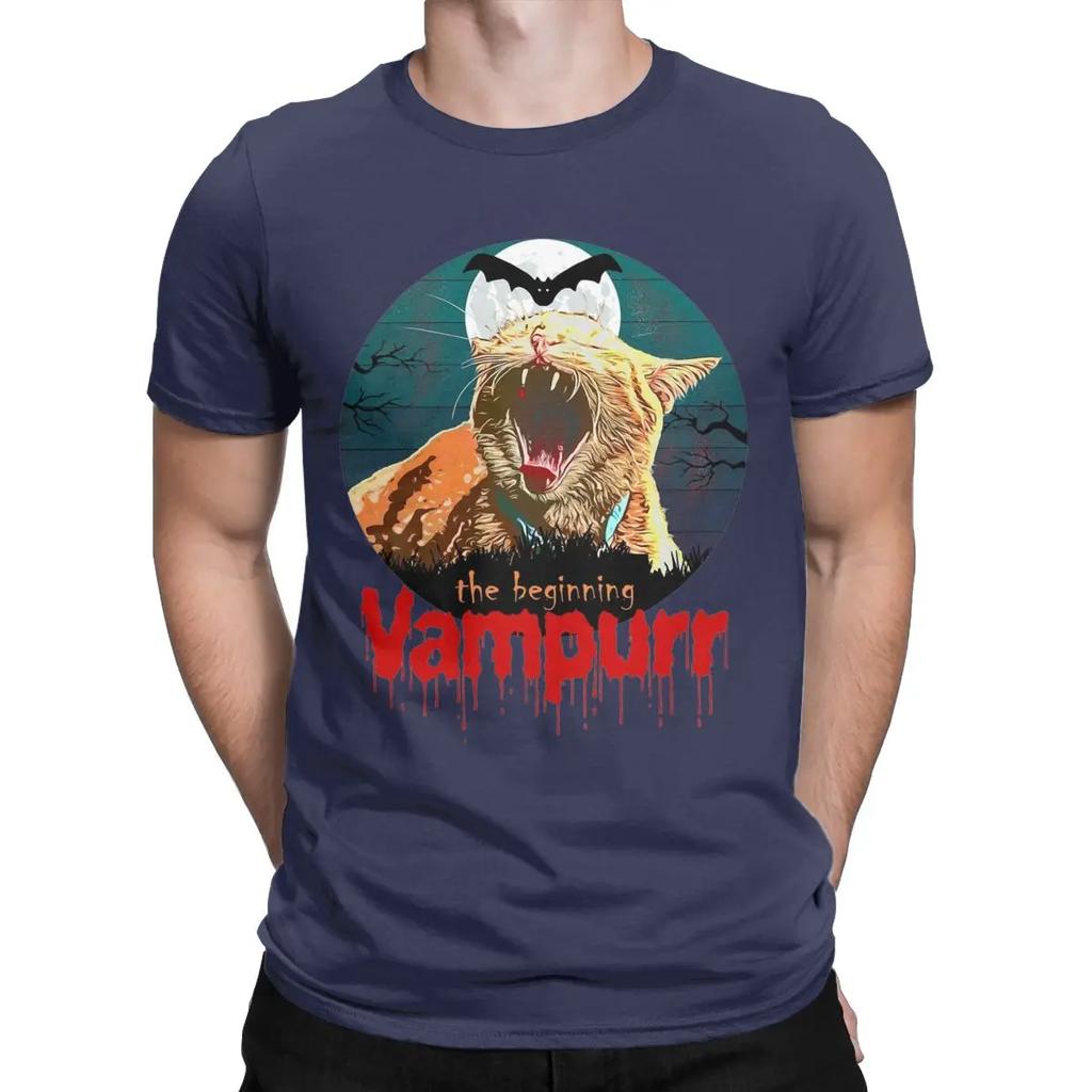 Vampurr Vampire Black Cat Men T Shirt Halloween Kitten Vintage Tee Shirt Short Sleeve O Neck T-Shirt Cotton Big Size Clothes