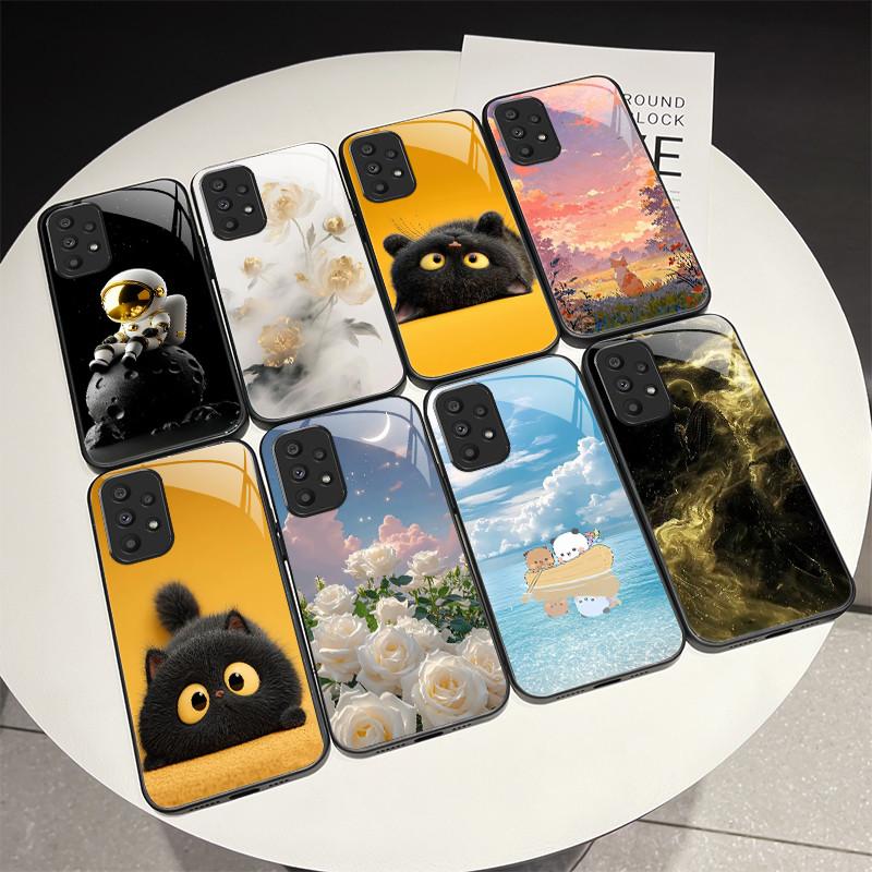 Cute Cartoon Cats Flower Case For Samsung Galaxy A52 A52S A72 4G 5G Tempered Glass Phone Case Protective Back Cover Hard Shell
