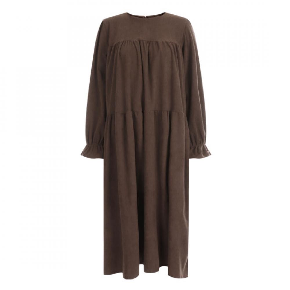 Shop Women S Round Neck 3 Tier Frill Suede Corduroy Long dreSS Brown Pic Wdr