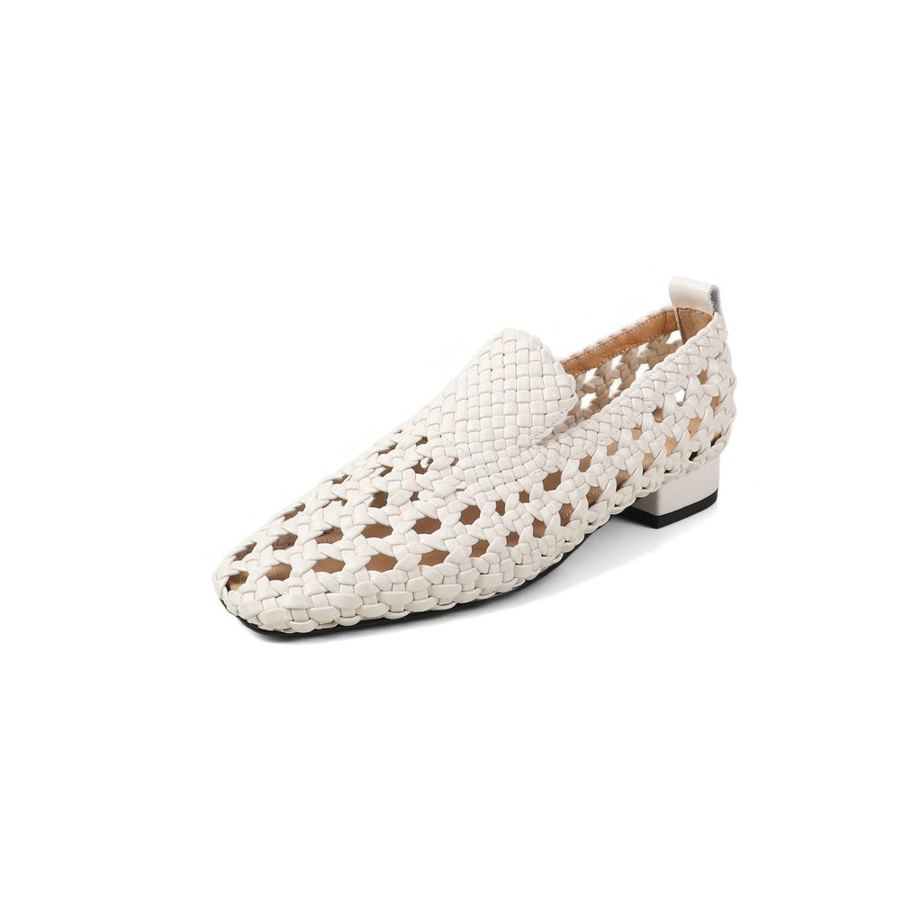 Мода 2025 Новые летние удобные плетеные сандалии Женские низкий толстый каблук Слипоны Повседневные полые дышащие сандалии Женская обувь для ходьбы