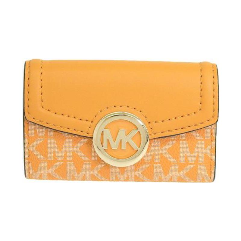 Michael Kors Логотип бренда, украшенный принтом для чтения, канва с покрытием и кожа, ключница, обычная, женская, светло-оранжевый светло-оранжевый