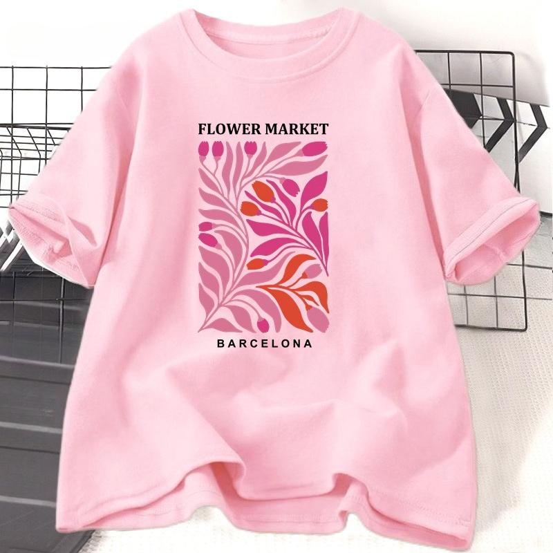 Flower Market Barcelona Tshirt Women Cotton Flower Tshirt Casual Short Sleeve Round Neck Summer Graphic T Shirts Clothes Tops