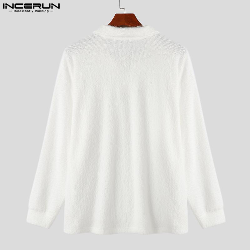 INCERUN Autumn Winter Men Lapel V Neck Long Sleeve Fleece Sweaters Warm Pullovers