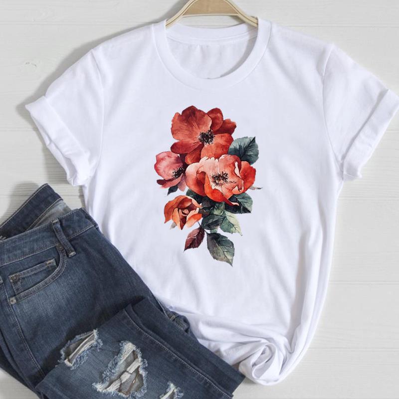 (Asian Size) Women Lovely Style Flower Floral Trend Print Tee Top Clothing Fashion Tshirt Lady Female Casual Short Sleeve Graphic T-shirt