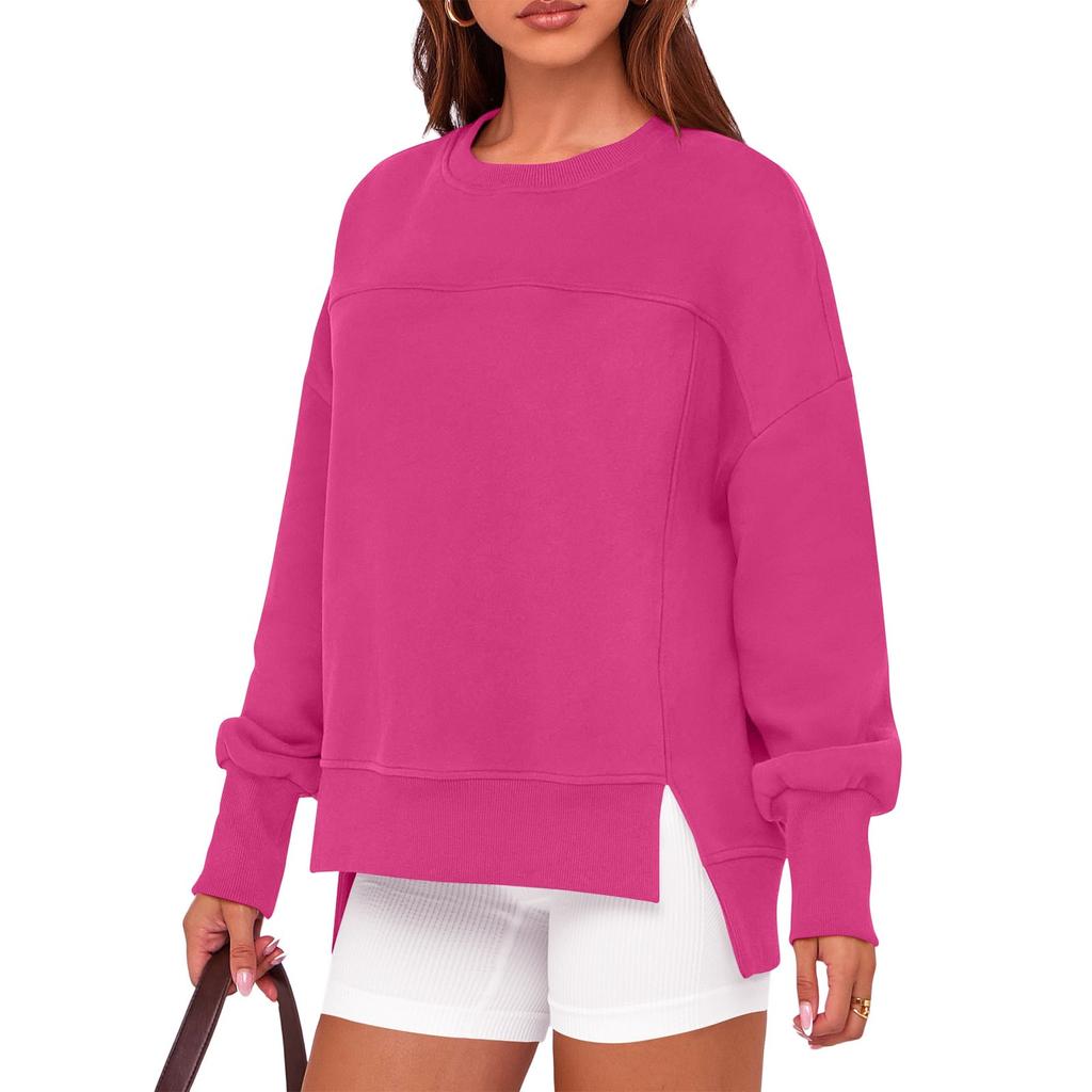 Ladies' Casual And Fashionable Solid Color Round Neck Long Sleeved Slit Loose And Comfortable Sweatshirt