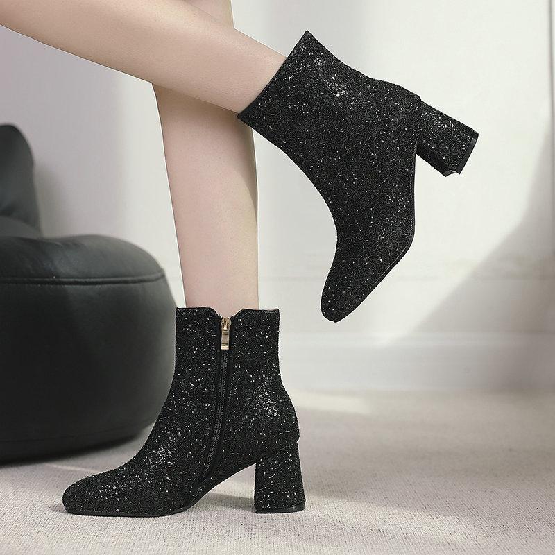 Gold Silver Blue Sequined Cloth Glitter Shoes Women High Heels Ankle Boots