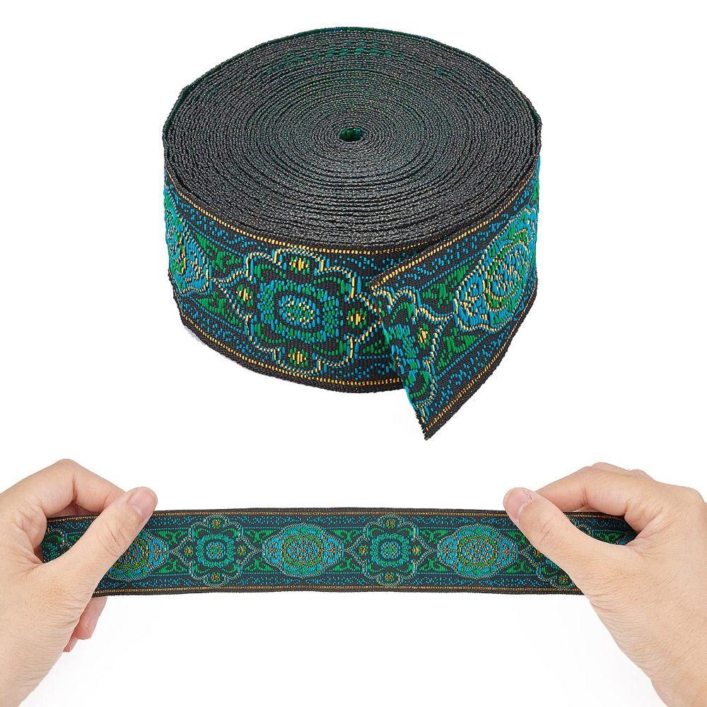 1 Roll 7.7 Yard 3.3cm Ethnic Style Ribbon Green Woven Ribbon DIY Clothing Accessories