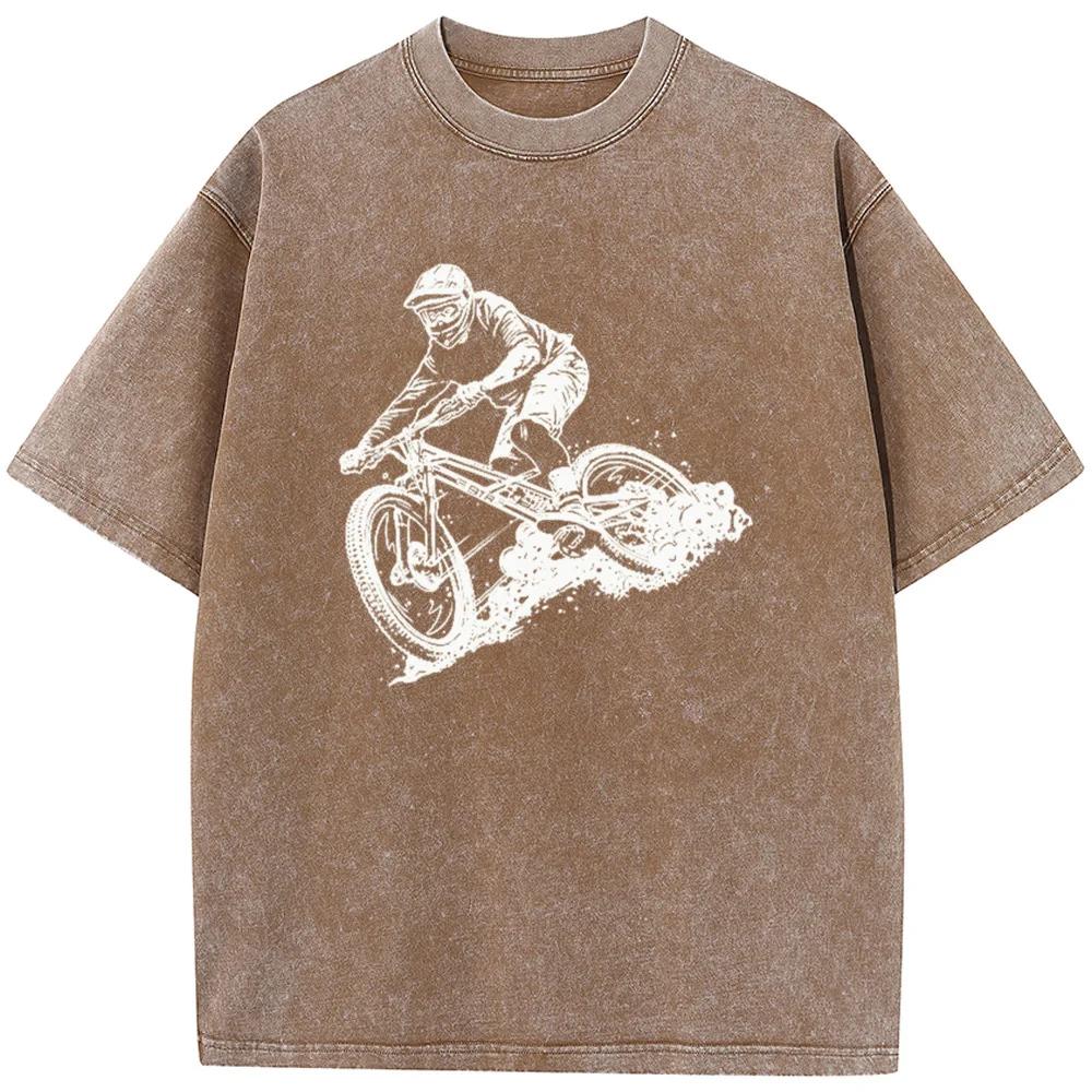 Футболка мужская с принтом «Езда на велосипеде», хлопковая, стираная, с круглым вырезом, новинка, повседневная, свободная, отбеленная футболка