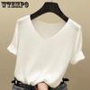 Short-sleeved T-shirt Women's Summer Korean Version Slim-fit Half-sleeved V-neck Knitted Bottom Blouse Blouse Woman