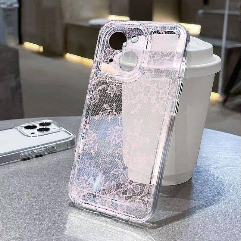 Розовый кружевной чехол для телефона для iPhone 17 Air 16 15 14 13 12 11 Pro Max Plus Mini Xs X 8 7 Мягкий прозрачный чехол Fundas Аксессуар