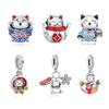 Original 925 Sterling Copper Charms Maneki Neko Lucky Fortune Cat Beads Pave CZ Fit Brand Bracelets Necklaces Women Zircon