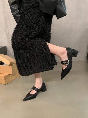 Туфли Мэри Джейн из кожи с острым носком в стиле ретро для женщин в Англии, осень и зима 2025 года, новая корейская версия мокасин на толстом каблуке