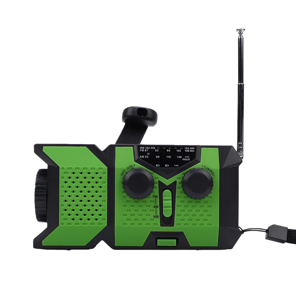 AM FM WB Radio Hand Crank Solar Battery Operated Portable Radio with Weather SOS Alert LED Flashlight for Camping Emergency Green