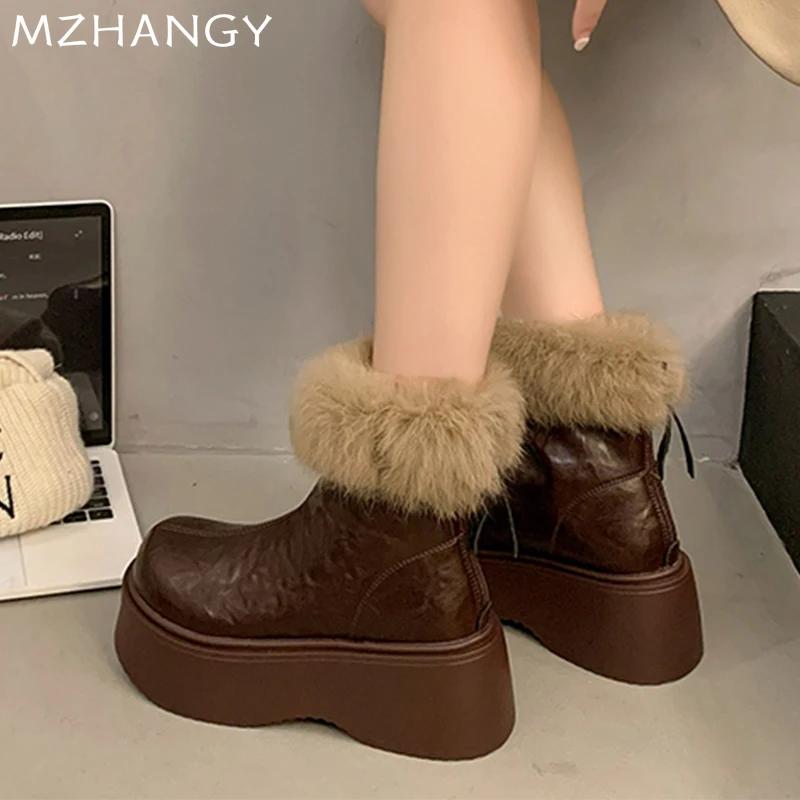 Женские меховые ботильоны на платформе, кожаные туфли на плоской подошве, женская мода 2025 года, зимние теплые, элегантные, готические, новые, зимние сапоги Mujer Botas