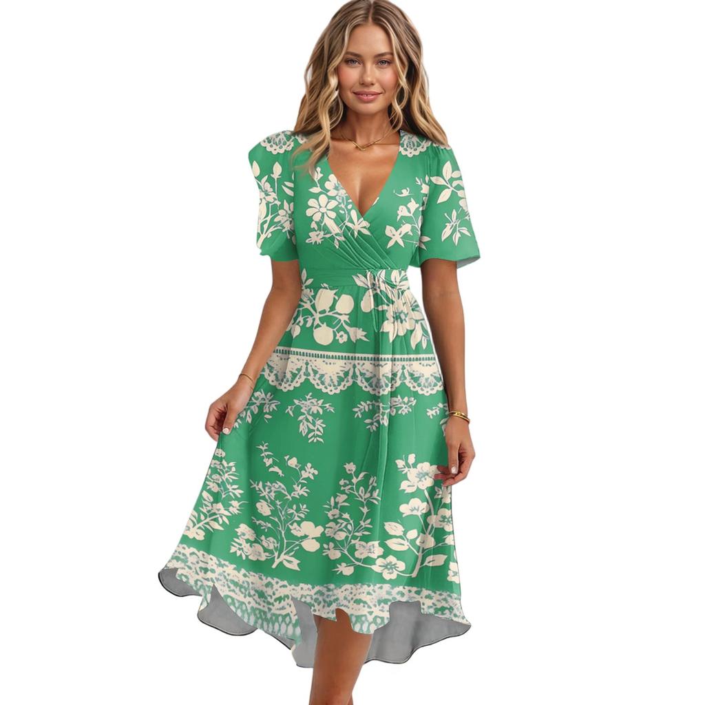 Women's Loose Casual V-Neck Flared Skirt Short Sleeved Printed Dress Printed Dress