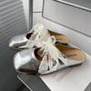 Wear Half Slippers Women's Thick Heel Soft Leather Silver Lace New Bow 2025 Spring and Summer Muller Shoes Bag Head Slippers