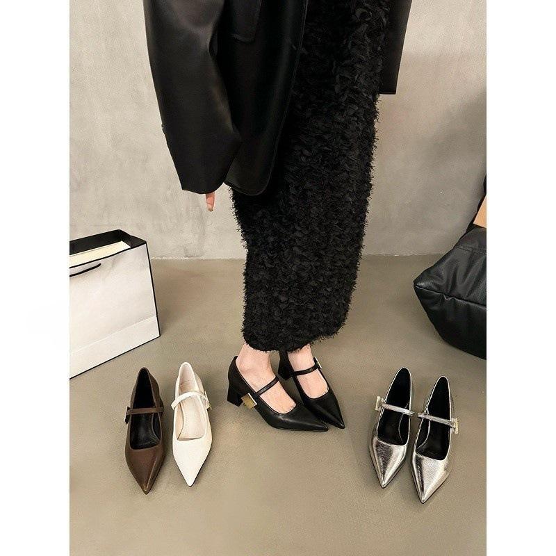 Заостренные серебристые туфли Мэри Джейн из мелкой кожи женские туфли с юбкой дизайн на среднем и высоком каблуке одинарные туфли