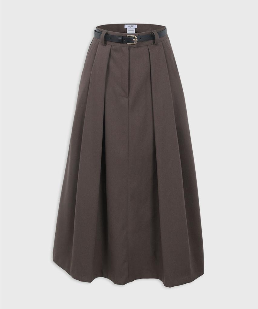 Micene Urbane Pleated Long Skirt - Belt Set Brown