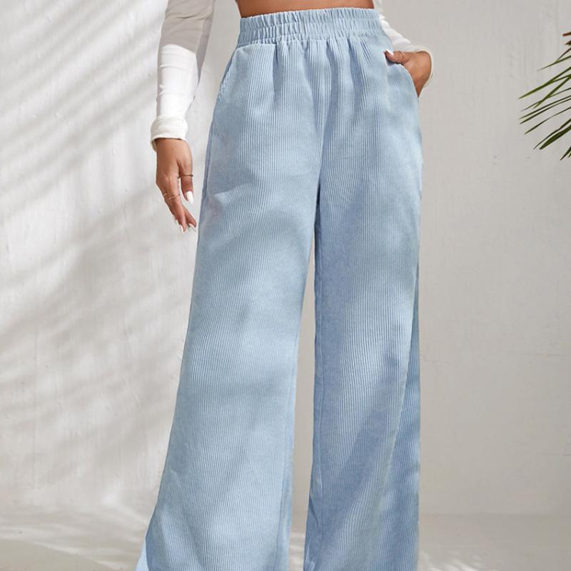 Модные осенние свободные брюки с разрезами, женские однотонные брюки с карманами и высокой талией, повседневные прямые брюки с широкими штанинами