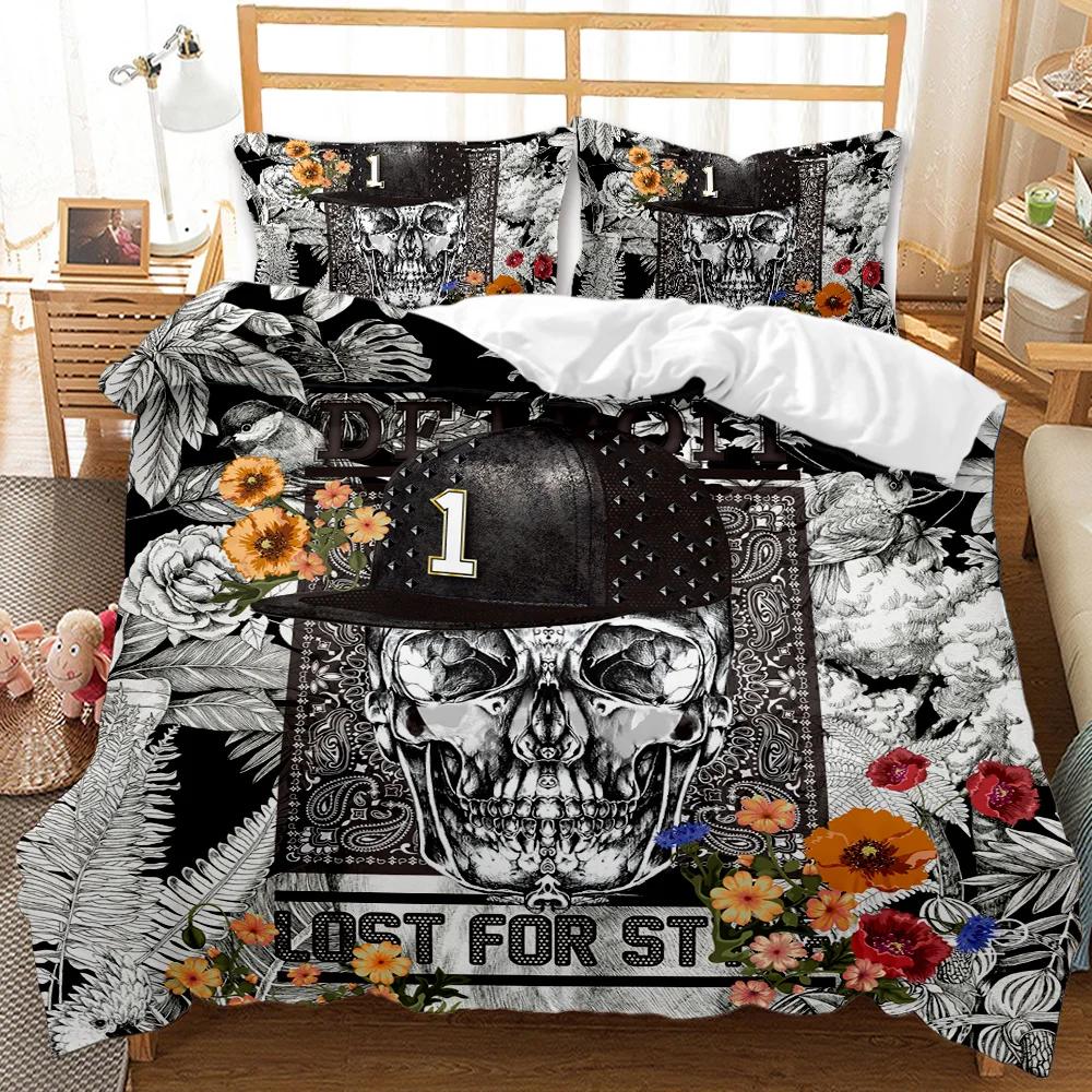 Комплект постельного белья с черепом Queen 3D Skeleton Floral Skull Pattern Printed Beds Qulit Cover Gothic Microfiber Beds Queen Size