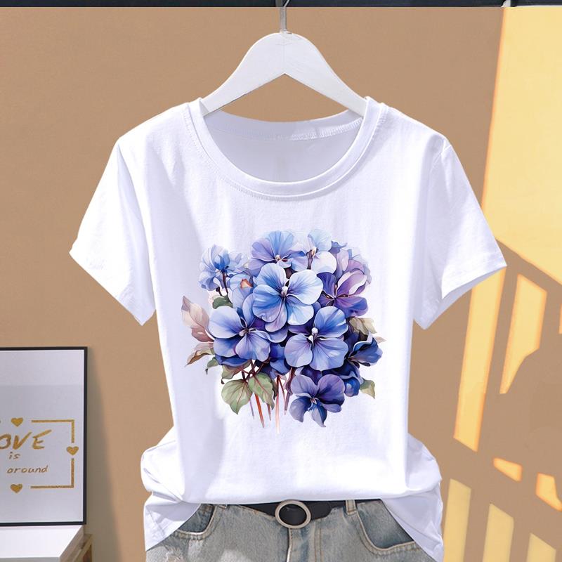 (Asian Size) Graphic Tee T Clothing Casual Fashion Trend Flower Cute 90s Print Female Casual  Women's Top Lady Short Sleeve T-shirt
