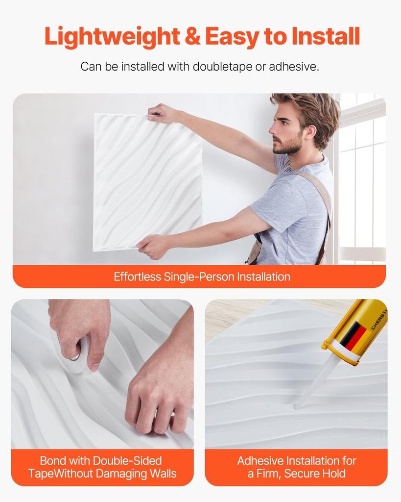 3D Wall Panels 12-Pack 19.7x19.7'' PVC 32 Sq.Ft Coverage Wave Matte White